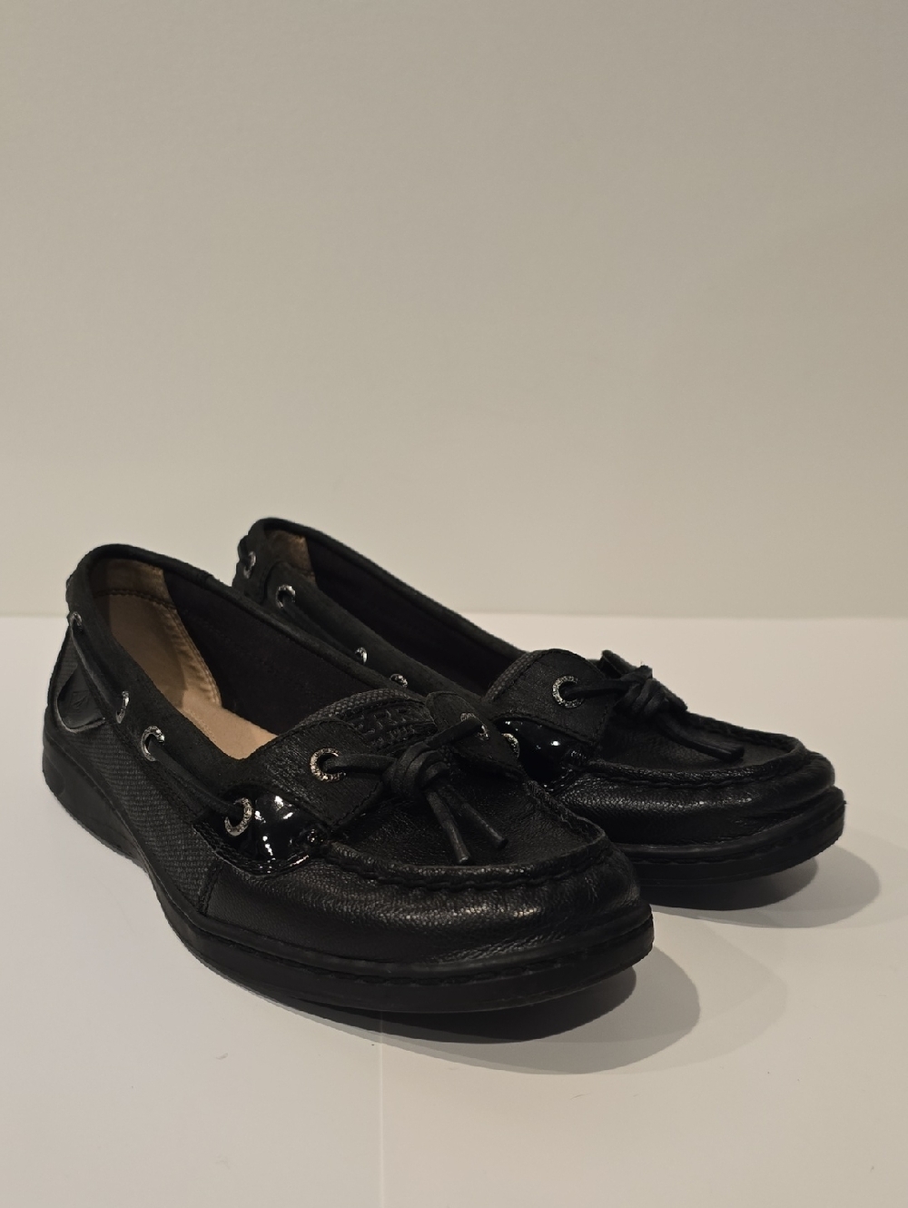 Sperry Women’s "Barrelfish" Black Leather Boat Shoes - Size 7